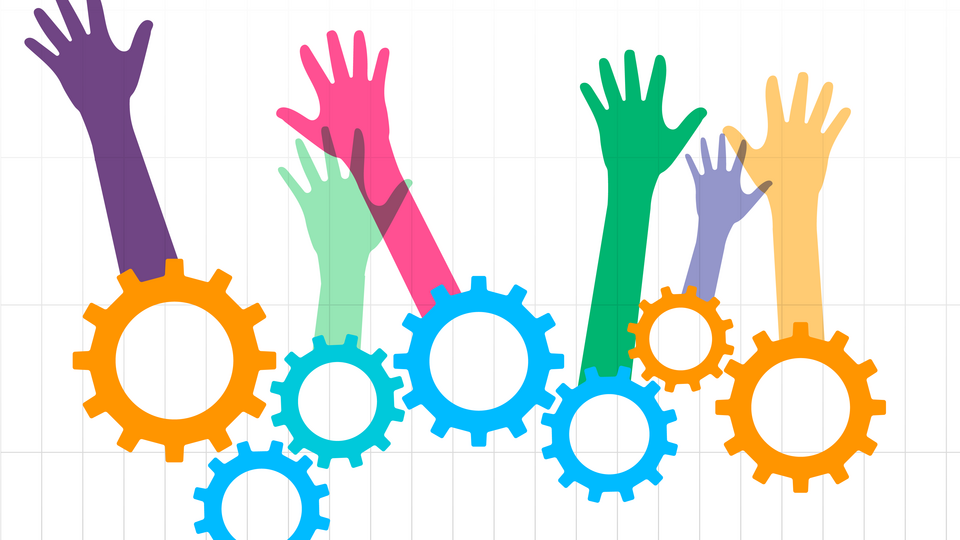 An illustration showing raised hands emerging from a set of gears